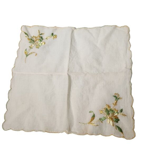 VTG HANKIE YELLOW EMBROIDERED FLOWERS COLORFUL GRAPHIC POCKET SCARF BRIDE - Picture 3 of 4
